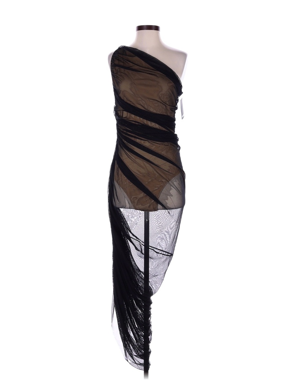 Norma Kamali Black One-Shoulder Draped Mesh Dress